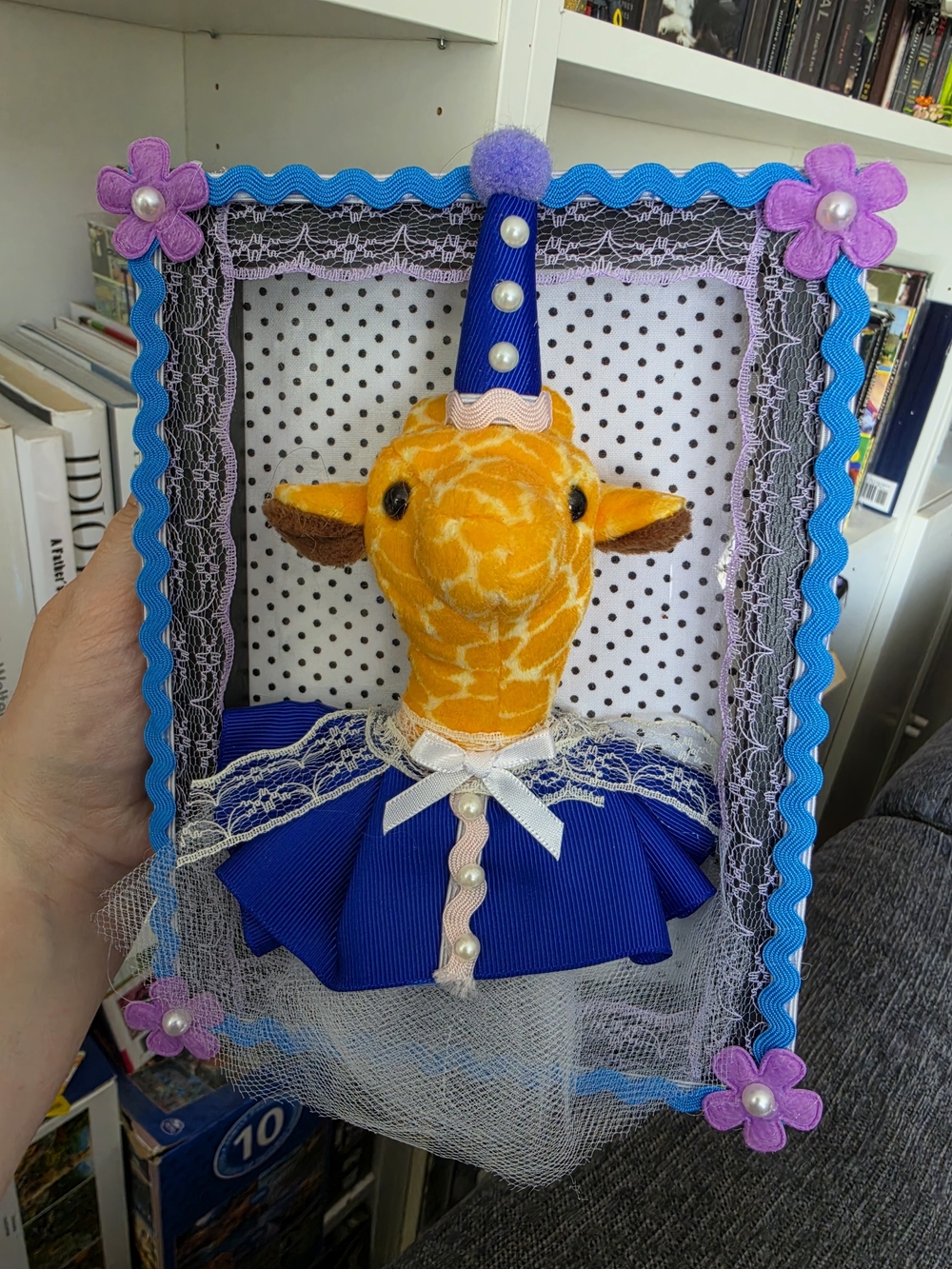 Handmade Whimsical Giraffe Wall Art in Bright Yellow & Royal Blue